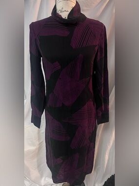 100% Silk Calvin Klein Black Dress with Purple Abstract Pattern, Long Sleeve
